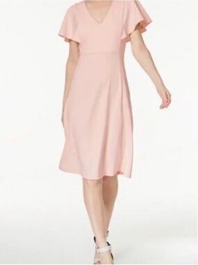 Liz Claiborne Blush Pink V-Neck Midi Dress with Flutter Sleeves